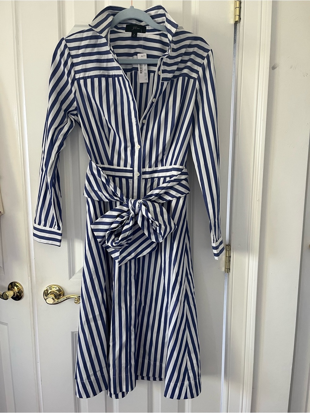J. Crew Navy and White Striped Long-Sleeve Shirt Dress with Tie Waist